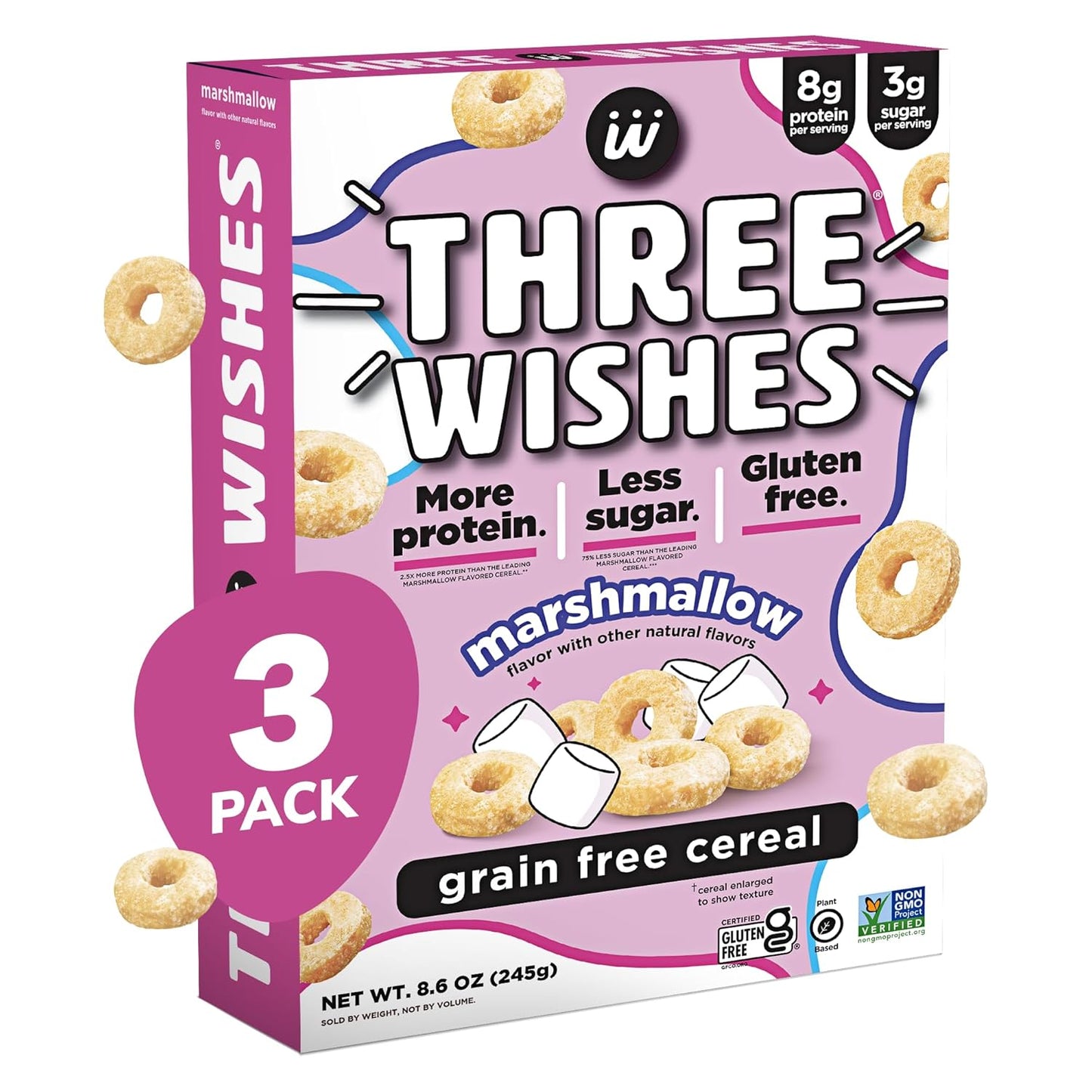 Protein and Gluten Free Breakfast Cereal by Three Wishes (6-Pack) - Marshmallow – 8G of Protein and 3G of Sugar Snack - Kosher, Grain-Free, Dairy-Free, Vegan and Peanut-Free - Non-Gmo