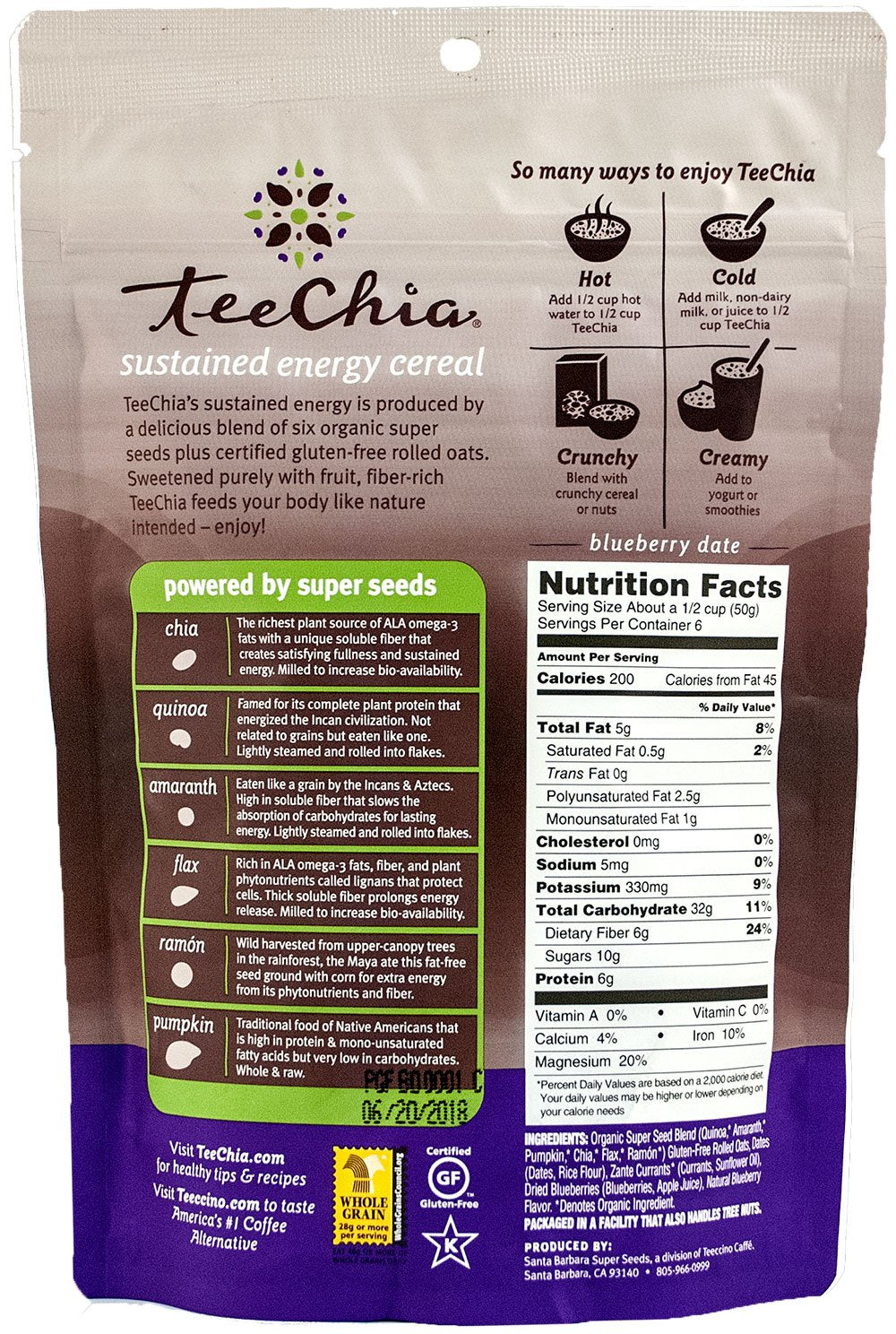 Teechia Organic Super Seeds Cereal - Blueberry Date – Nutrient Dense Instant Breakfast | No Sugar Added | Gluten Free | High in Fiber | High in Protein | Non-Gmo, 10.6 Ounce