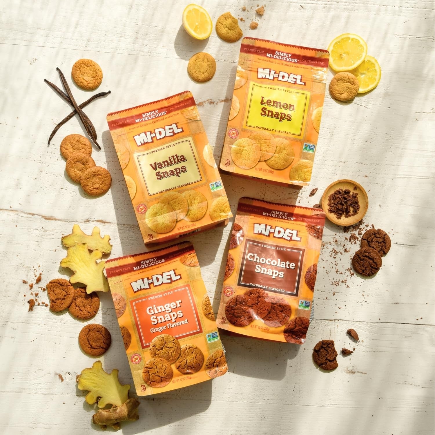 Mi-Del Ginger Snaps - Crunchy Ginger Cookies Made with Real Ginger - Swedish Ginger Snaps Cookies Old Fashioned - Non-Gmo Certified, 0G Trans Fat, Healthy Cookies (Pack of 8)