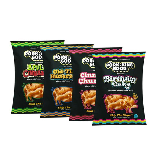 Pork King Good 4 Bag Variety Pack of Sweet & Salty Dessert Flavored Pork Rinds - 3 Oz (Variety 4 Pack) Gluten Free Snacks