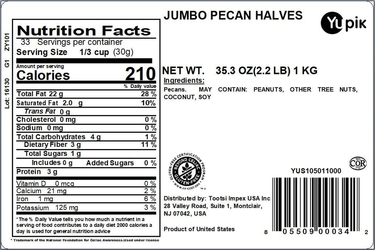 Yupik Jumbo Pecans, Halves, 2.2 Lb (35.2 Oz), Kosher, Gluten-Free, Raw Nuts, Half Pieces, Unsalted, Unroasted, Oil-Free, Crunchy, Source of Fiber, Healthy Snacks, Ideal for Baking & Cooking - Big Mart USA