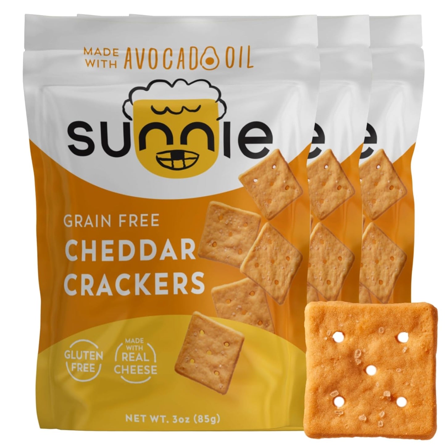 Sunnie Gluten Free Crackers - Healthy Grain Free Sea Salt Crackers, Snacks for Kids & Adults, Made with Avocado Oil, Only 5 Ingredients, Vegan Snack, Low Calorie (3 Oz - Pack of 3)