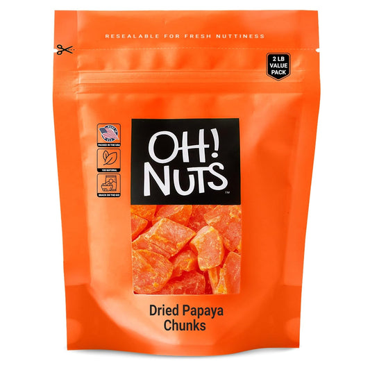 Oh! Nuts Dried Papaya Chunks - 2 Lb - Dried Fruit Chunks - Less Sugar Added - Dehydrated Fruit Bites - Packed in New York Zip-Seal Bag for Exceptional Freshness - Big Mart USA
