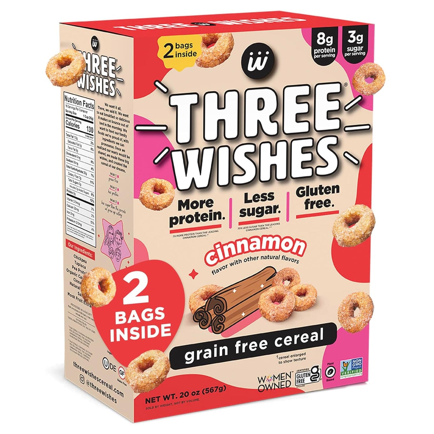Protein and Gluten Free Breakfast Cereal by Three Wishes (6-Pack) - Marshmallow – 8G of Protein and 3G of Sugar Snack - Kosher, Grain-Free, Dairy-Free, Vegan and Peanut-Free - Non-Gmo