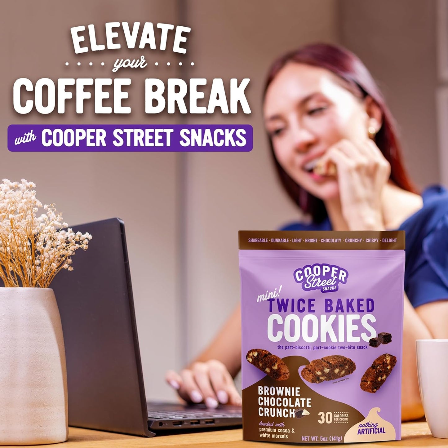Cooper Street Twice Baked Brownie Chocolate Biscotti Cookies - Light and Crispy Coffee Cookie Bites - Traditional Low Calorie Italian Snacks for Adults & Kids - Kosher, Dairy, Peanut & Soy Free - 5Oz