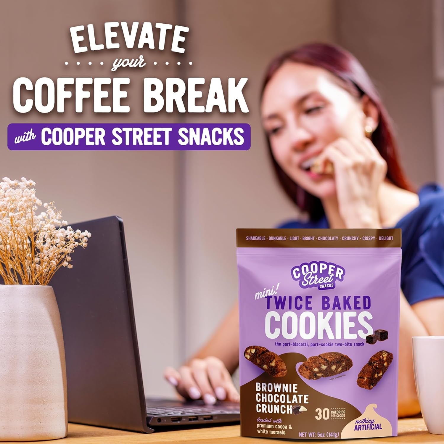 Cooper Street Twice Baked Brownie Chocolate Biscotti Cookies - Light and Crispy Coffee Cookie Bites - Traditional Low Calorie Italian Snacks for Adults & Kids - Kosher, Dairy, Peanut & Soy Free - 5Oz