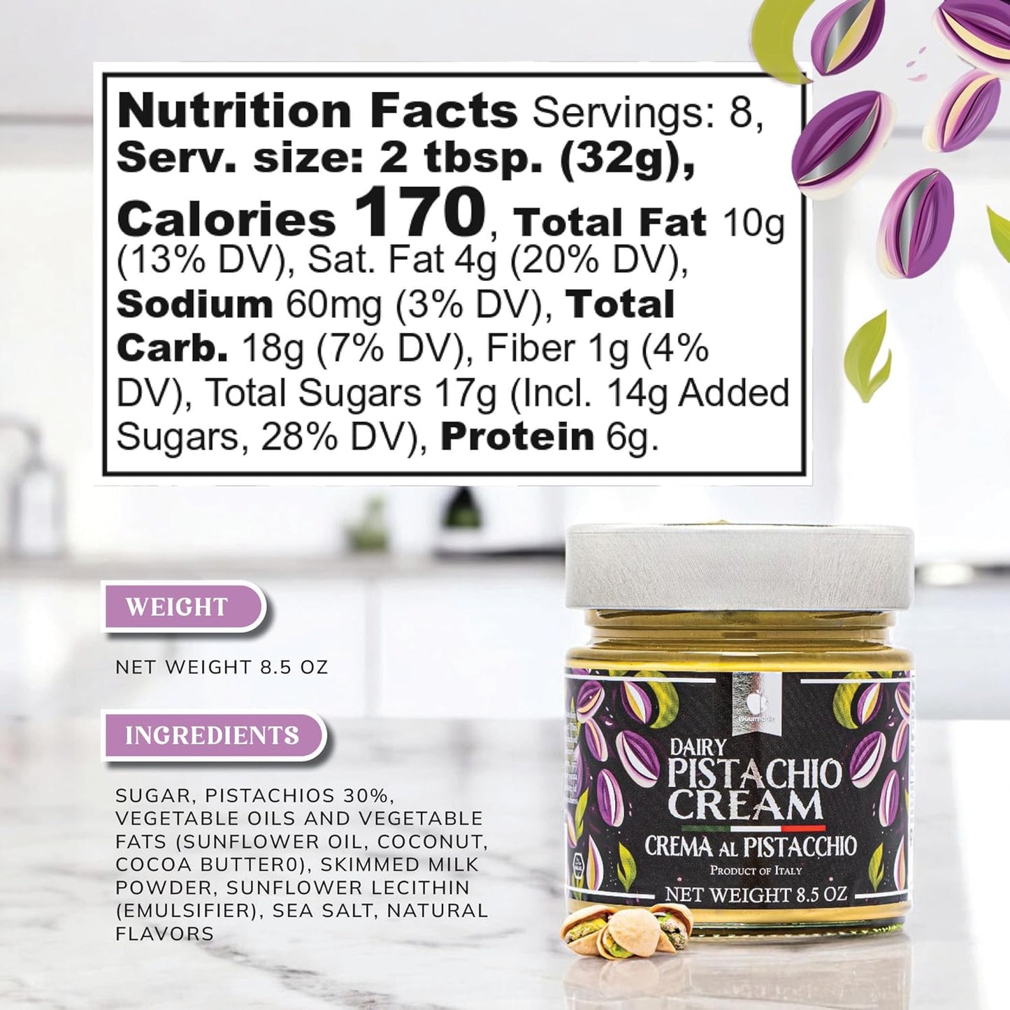 Gourmanity Dairy Pistachio Cream Spread, Perfect for Dubai Chocolate Bar, Luxury Pistachio Butter Cream for Sweet and Savory Dishes, Ideal for Italian Recipes, 8.5 Oz Jar