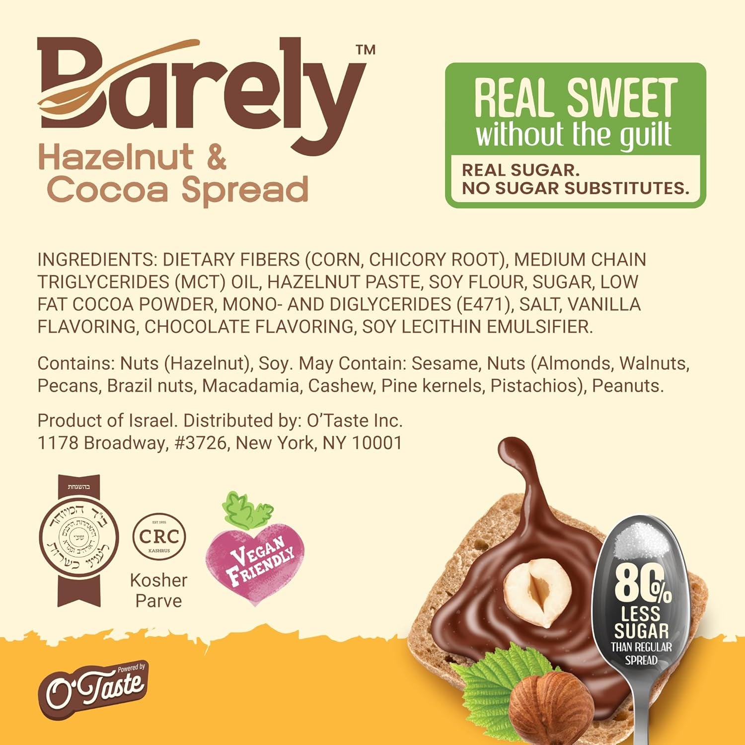 Hazelnut & Cocoa Spread by Barely, Low Sugar & No Artificial Sweeteners, Vegan, Keto Friendly, Delicious Chocolate Spread & Dessert Dip, 3.2 G Cane Sugar per Serving, 1-Pack