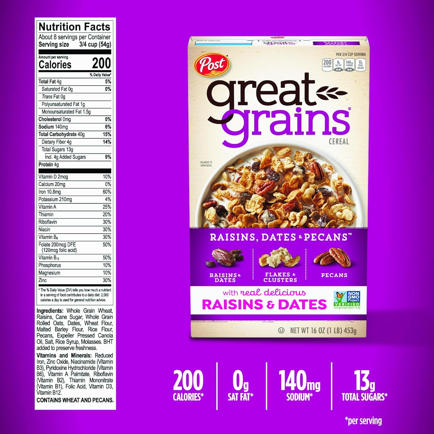 Great Grains Raisins Dates and Pecans Breakfast Cereal, Raisin Cereal with Sweet Dates and Granola Clusters, Non-Gmo Project Verified, 16 OZ Box