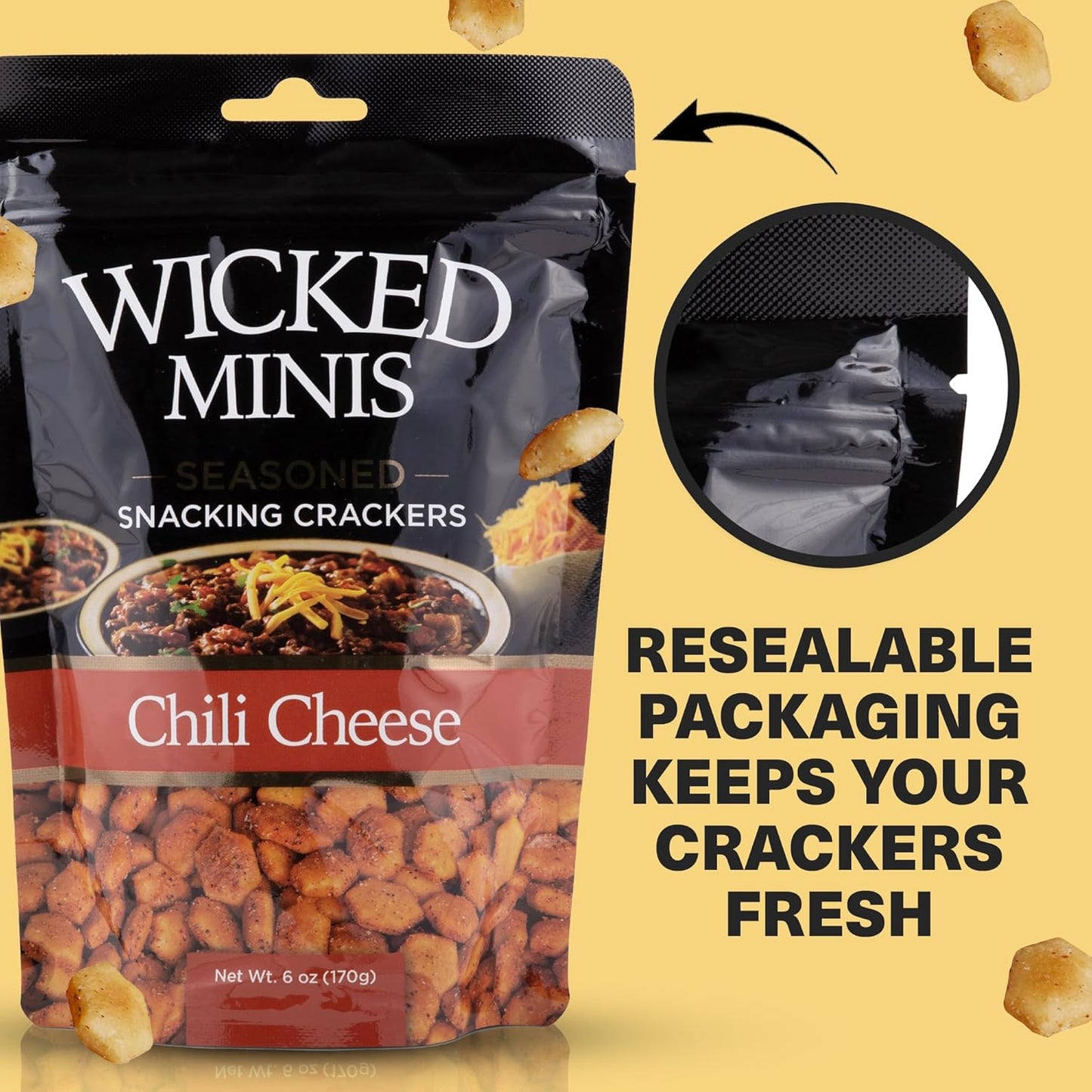Wicked Minis Soup & Oyster Crackers - Saltine & Salted Flavored Mini Puffed Soup, Savory Snacking Mix, Seasoned Croutons Salad Toppers, Crackers for Chili 6Oz (Chili Cheese, 1 Pack) - Big Mart USA