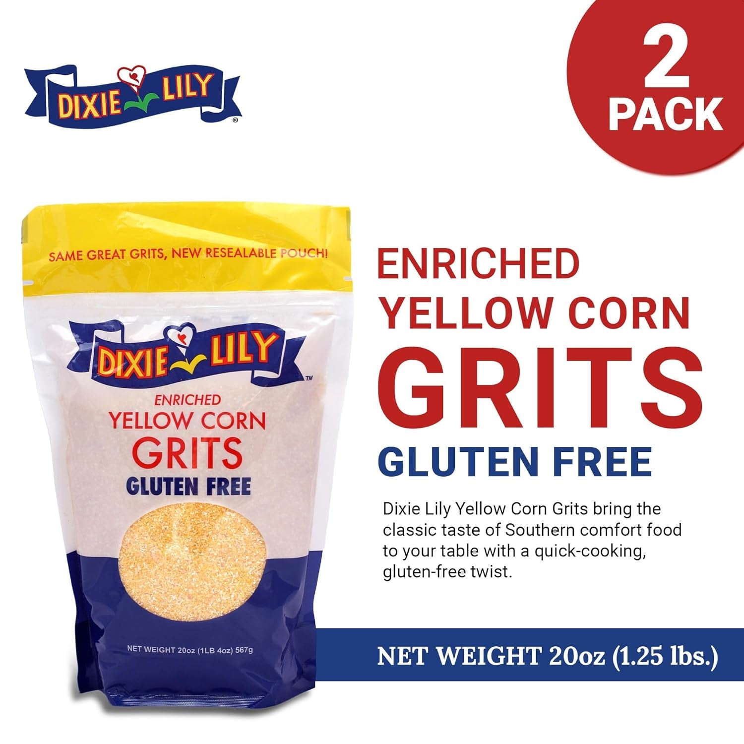 Dixie Lily Yellow Corn Grits - Quick-Cooking, Gluten-Free, Non-Gmo, Low Fat & Sodium, Essential Vitamins & Minerals, Classic Southern Flavor - 2 Pack