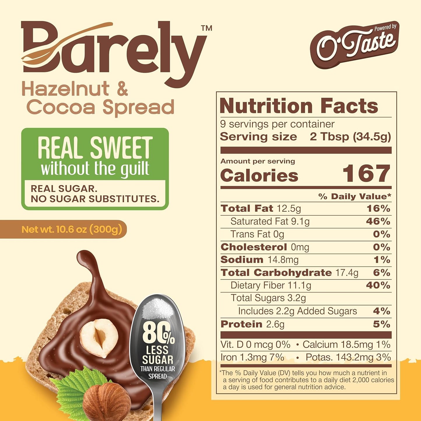 Hazelnut & Cocoa Spread by Barely, Low Sugar & No Artificial Sweeteners, Vegan, Keto Friendly, Delicious Chocolate Spread & Dessert Dip, 3.2 G Cane Sugar per Serving, 1-Pack