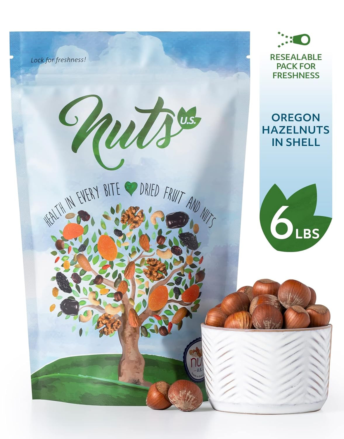 NUTS U.S. - Oregon Hazelnuts in Shell | Whole, Raw and Unsalted | No Added Flavor and NON-GMO | Fresh Buttery Taste and Easy to Crack | Natural Unshelled Hazelnuts Packed in Resealable Bags!!! (6 LBS)