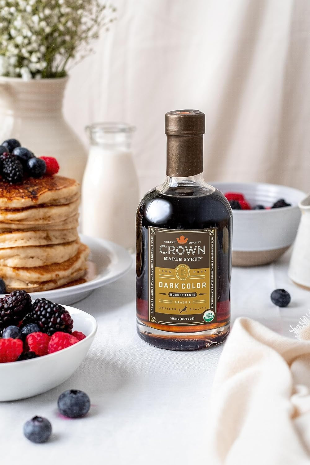 Crown Maple Dark Color Robust Taste Organic Maple Syrup, 100% Pure, Grade A, Gluten Free, No Preservatives, Non-Gmo Pancake and Breakfast Topping, 12.7 Fl Oz