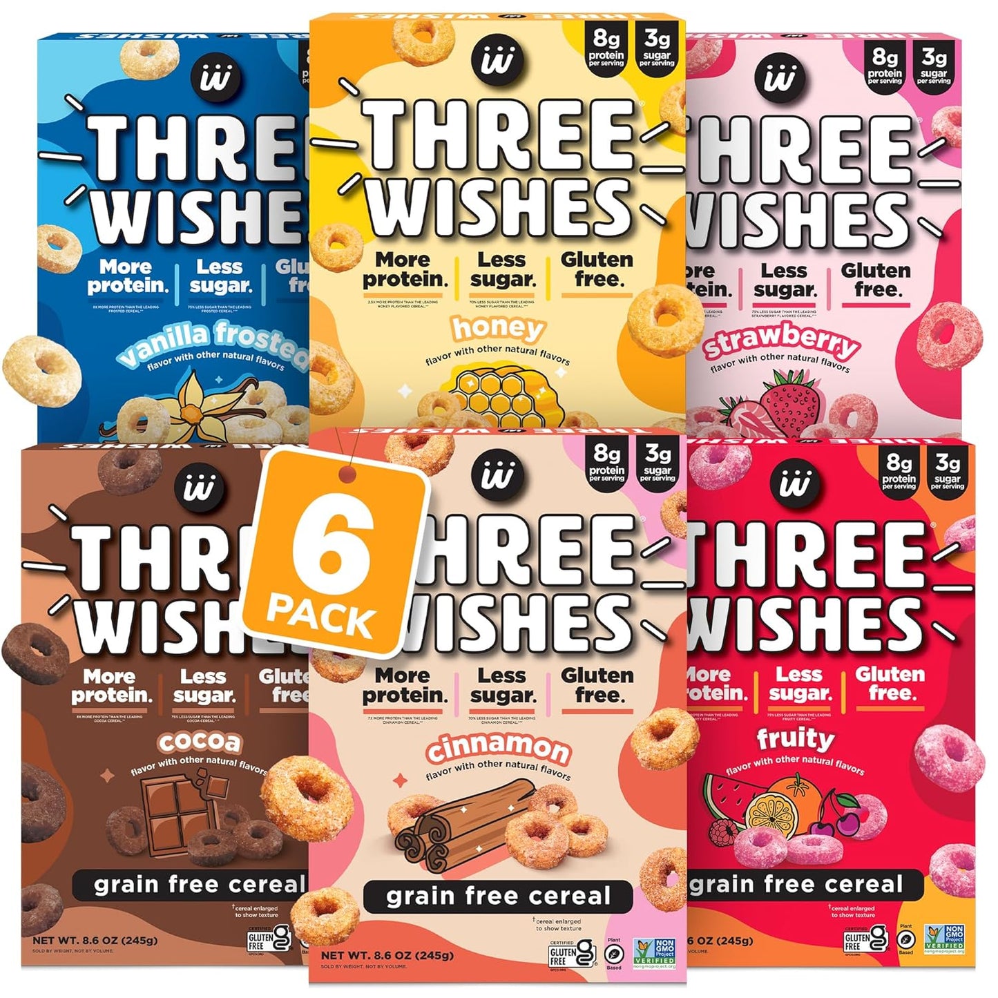 Protein and Gluten Free Breakfast Cereal by Three Wishes (6-Pack) - Marshmallow – 8G of Protein and 3G of Sugar Snack - Kosher, Grain-Free, Dairy-Free, Vegan and Peanut-Free - Non-Gmo