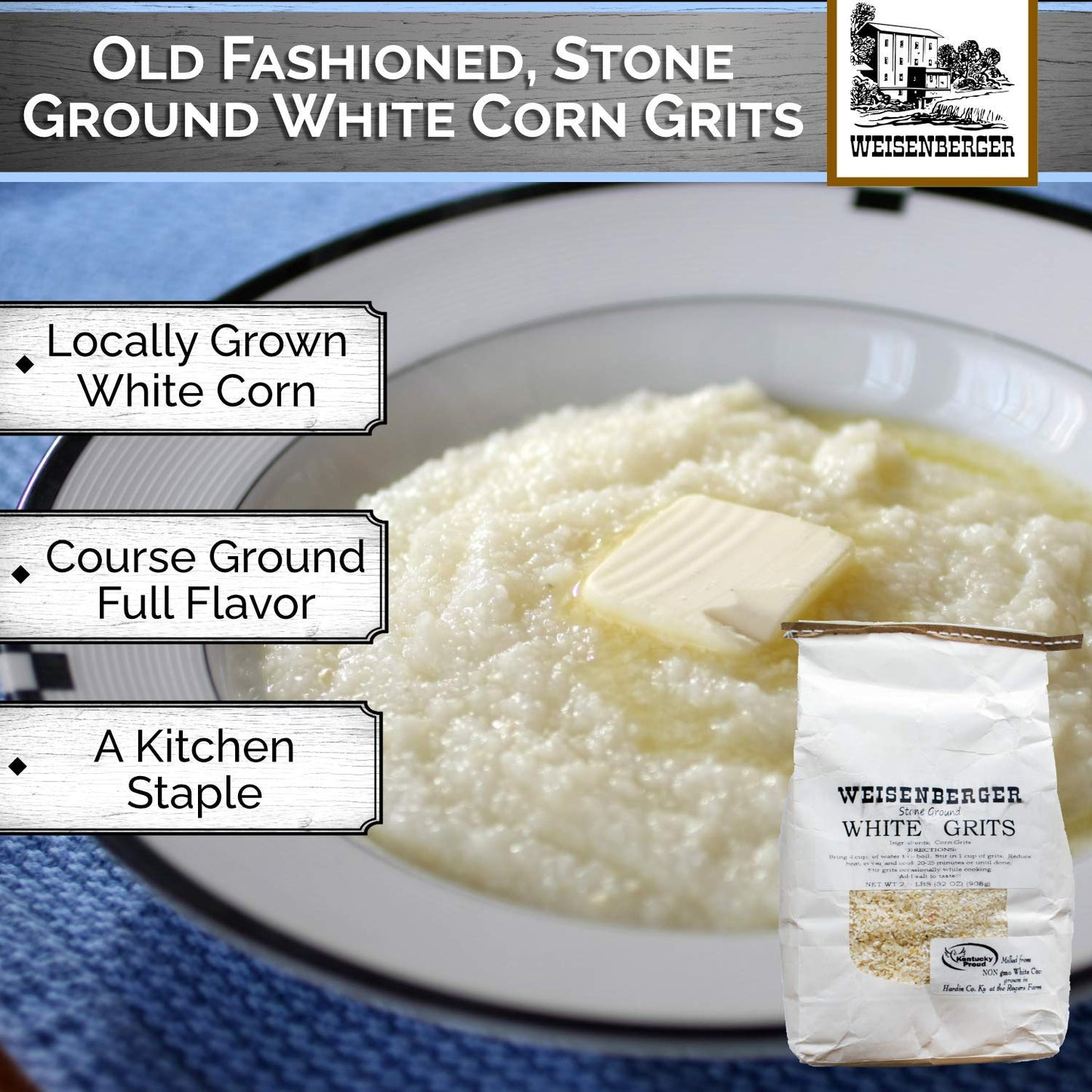 Weisenberger Stone Ground Grits, White- Authentic, Old Fashioned, Southern Style Corn Grits - Local Kentucky Proud Product - Non-Gmo, Coarse Ground - White, 2 Lb