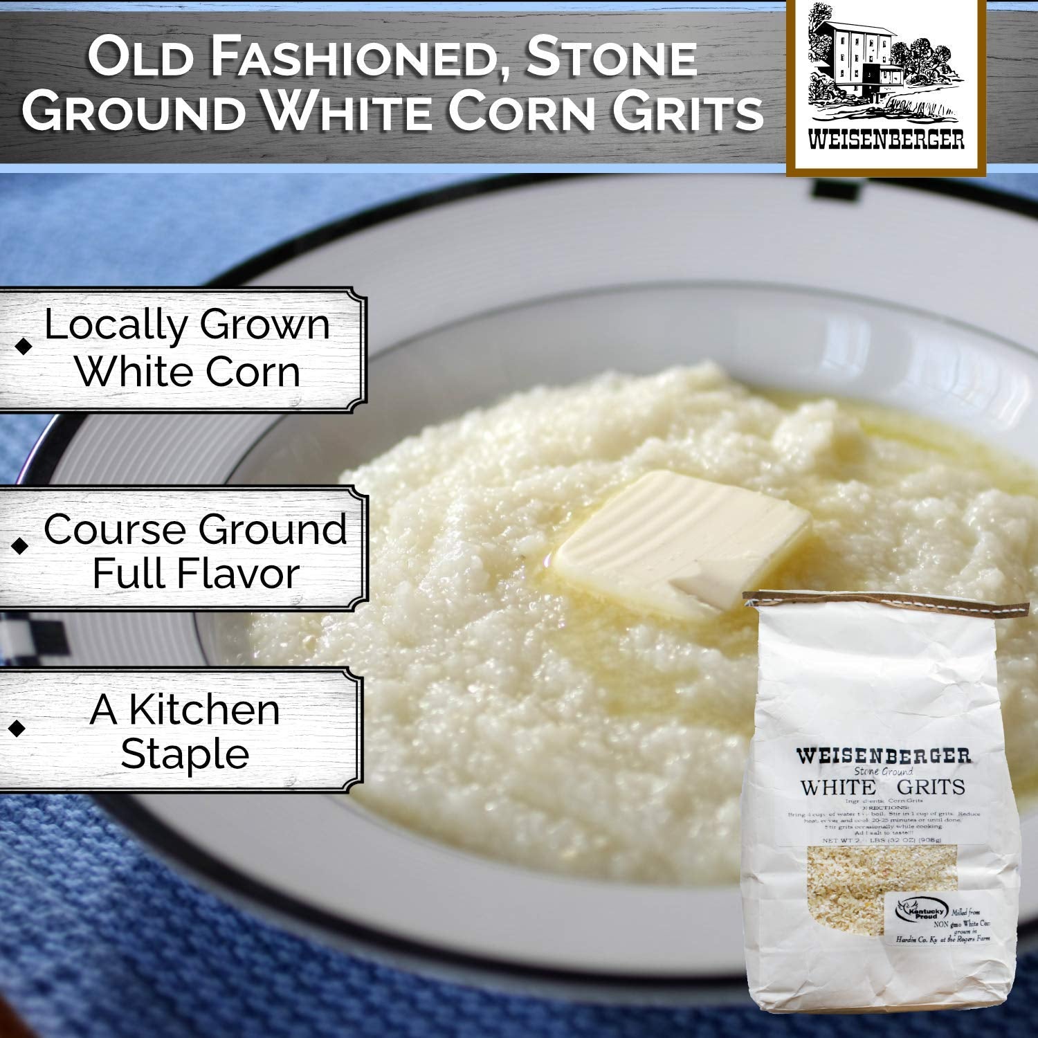 Weisenberger Stone Ground Grits, White- Authentic, Old Fashioned, Southern Style Corn Grits - Local Kentucky Proud Product - Non-Gmo, Coarse Ground - White, 2 Lb