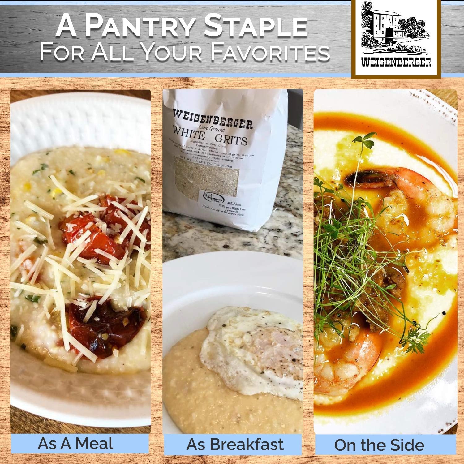 Weisenberger Stone Ground Grits, White- Authentic, Old Fashioned, Southern Style Corn Grits - Local Kentucky Proud Product - Non-Gmo, Coarse Ground - White, 2 Lb