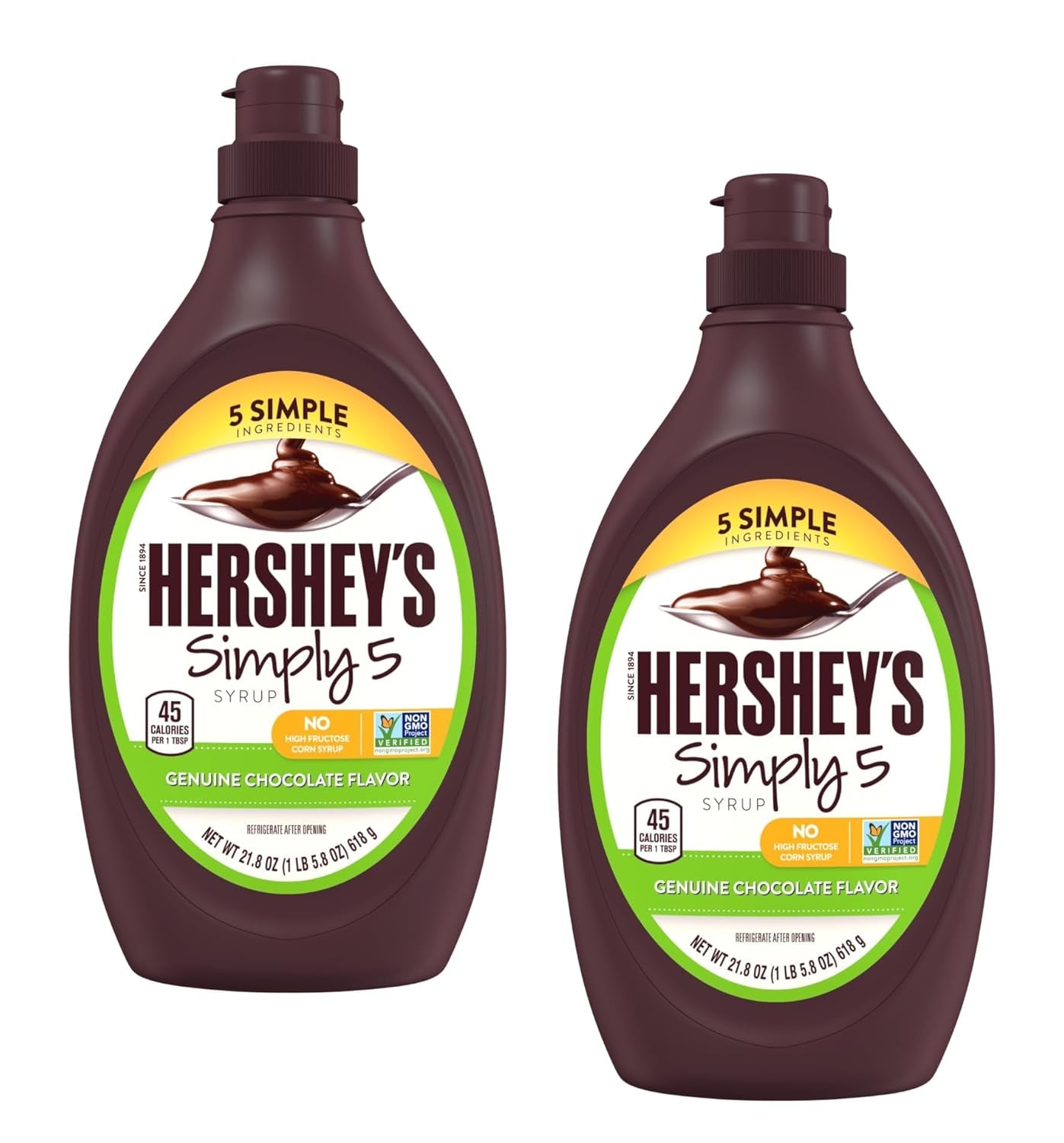 Hershey Simply 5 Chocolate Syrup - Pack of 2 - Only 5 Ingredients - Genuine Chocolate Flavor - No High Fructose Corn Syrup - Stock up Today