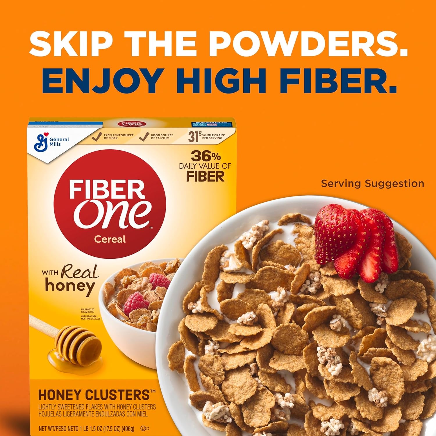 Fiber One Honey Clusters Breakfast Cereal, Fiber Cereal Made with Whole Grain, 17.5 Oz