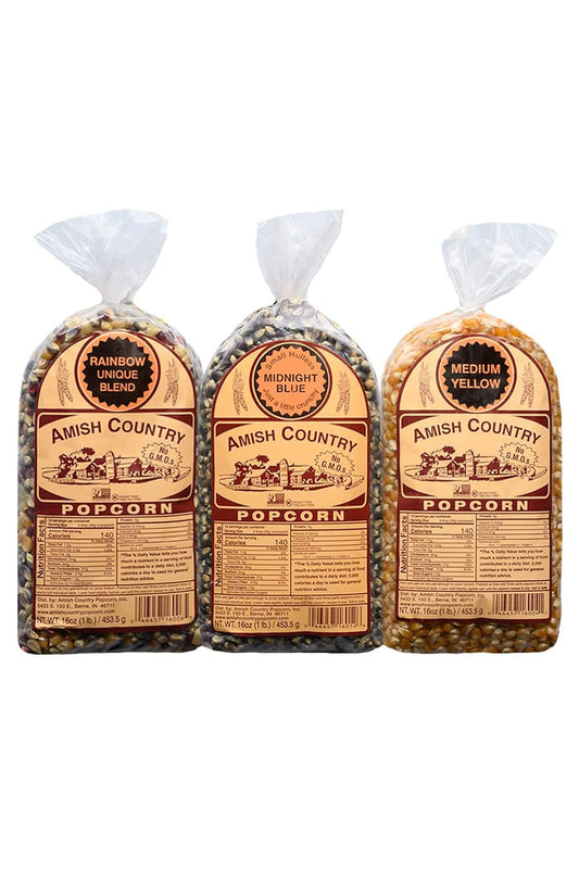 Amish Country Popcorn | 3-1 Lb Bags | Variety Set | Midnight Blue, Rainbow, & Medium Yellow Popcorn Kernels | Old Fashioned, Non-Gmo and Gluten Free (3-1 Lb Bags) - Big Mart USA