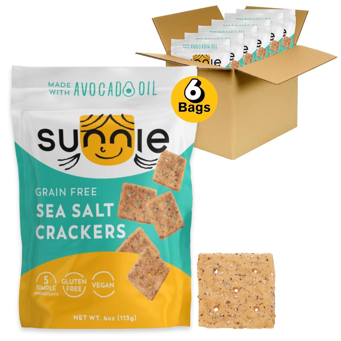 Sunnie Gluten Free Crackers - Healthy Grain Free Sea Salt Crackers, Snacks for Kids & Adults, Made with Avocado Oil, Only 5 Ingredients, Vegan Snack, Low Calorie (3 Oz - Pack of 3)