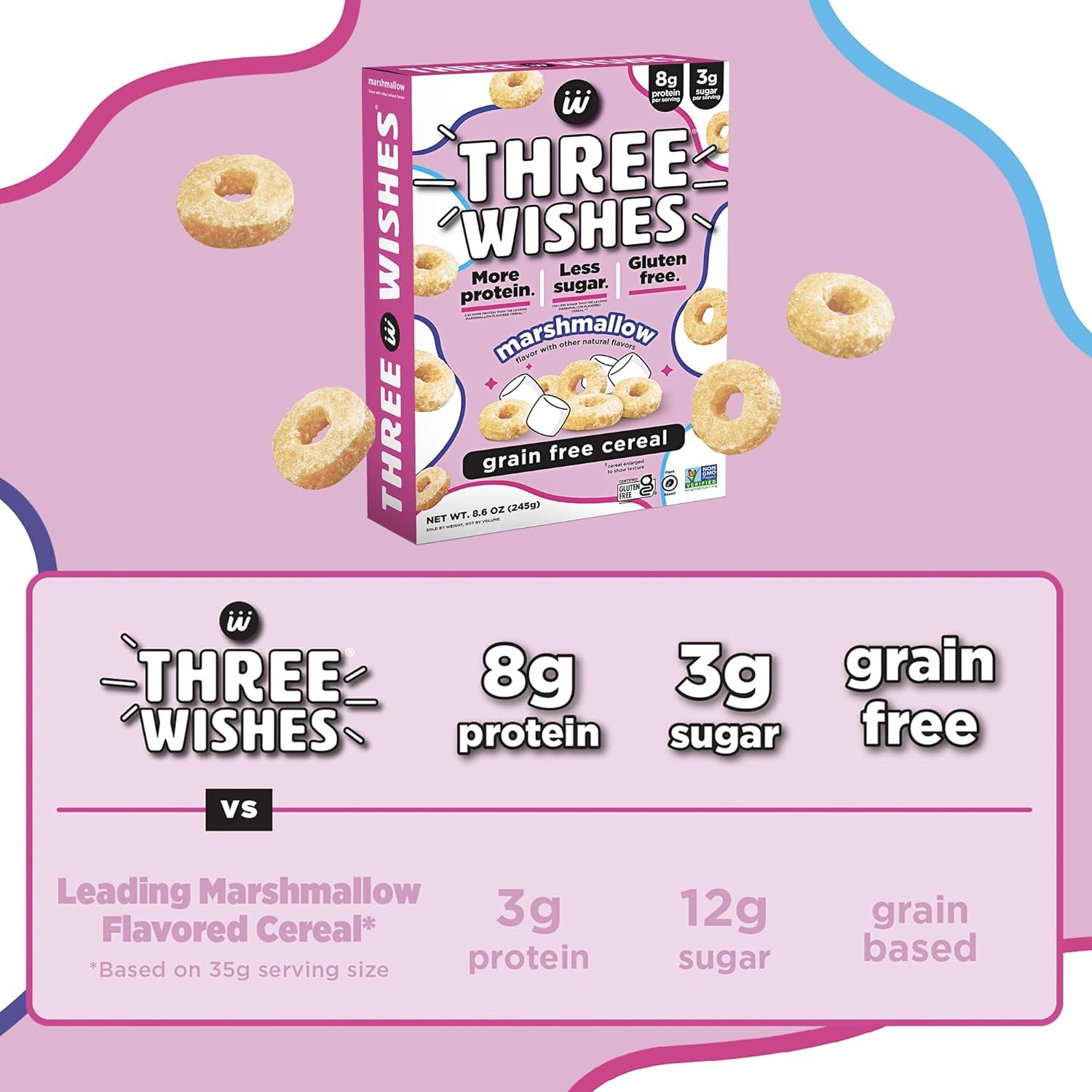 Protein and Gluten Free Breakfast Cereal by Three Wishes (6-Pack) - Marshmallow – 8G of Protein and 3G of Sugar Snack - Kosher, Grain-Free, Dairy-Free, Vegan and Peanut-Free - Non-Gmo