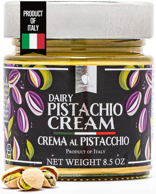 Gourmanity Dairy Pistachio Cream Spread, Perfect for Dubai Chocolate Bar, Luxury Pistachio Butter Cream for Sweet and Savory Dishes, Ideal for Italian Recipes, 8.5 Oz Jar