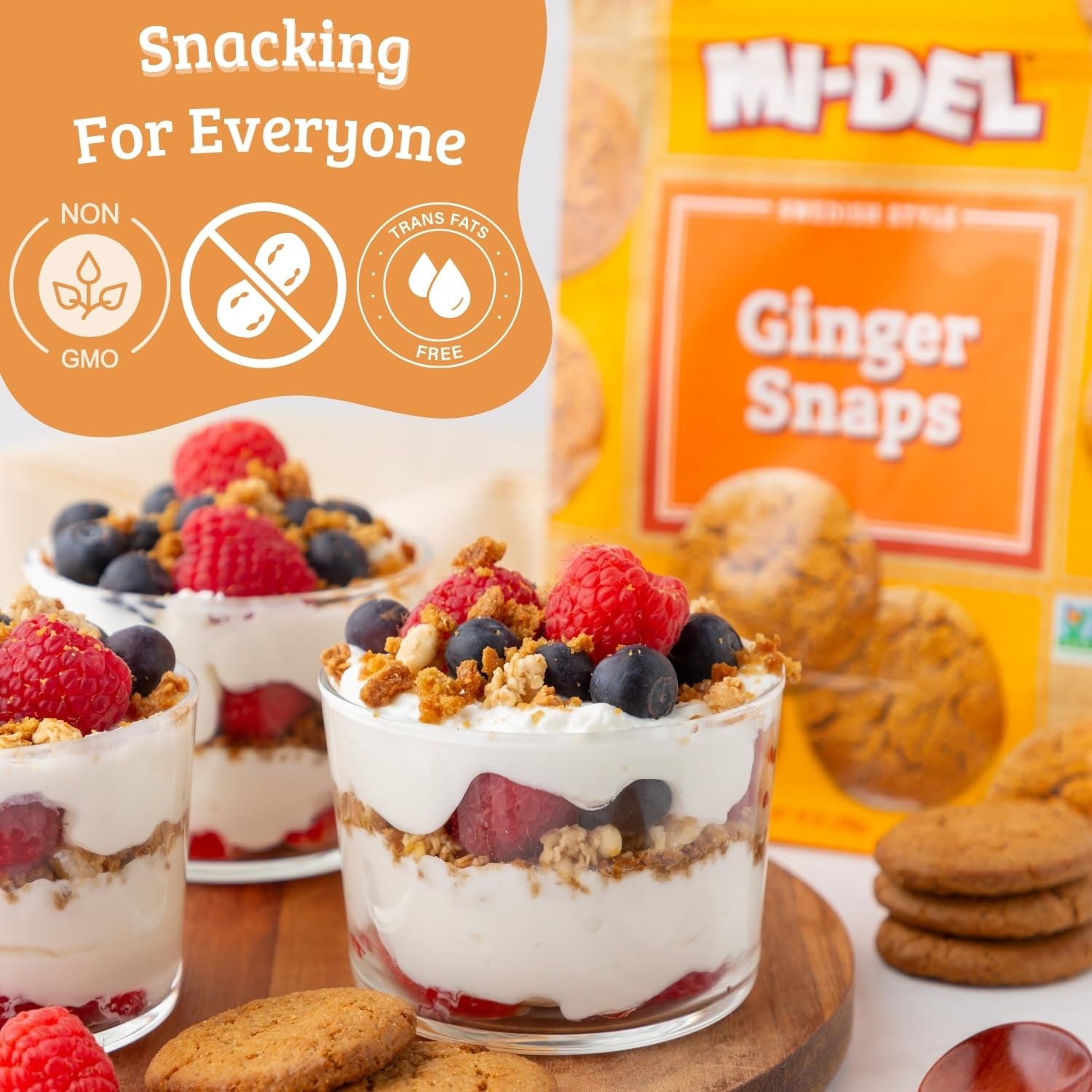 Mi-Del Ginger Snaps - Crunchy Ginger Cookies Made with Real Ginger - Swedish Ginger Snaps Cookies Old Fashioned - Non-Gmo Certified, 0G Trans Fat, Healthy Cookies (Pack of 8)