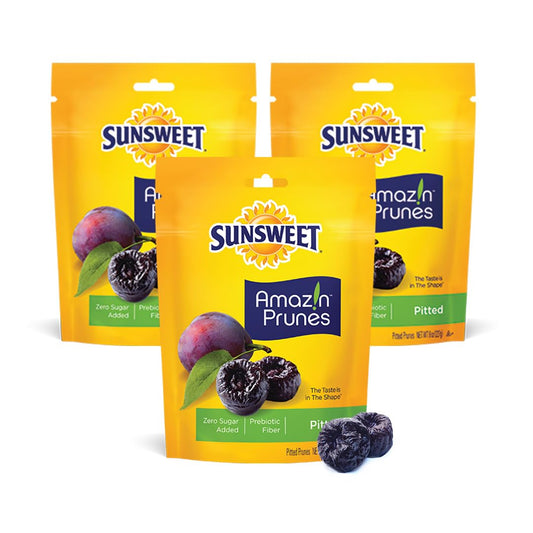 Sunsweet Amazin' Pitted Prunes - Dried Prunes Pitted Unsweetened - Gluten Free, Vegan, Low Fat - Fiber & Minerals - 8 Oz Pouches X 3 Pack - Big Mart USA