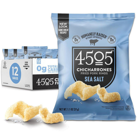 4505 Sea Salt Seasoned Chicharrones, Fried Pork Rinds - Sea Salt Flavored Pork Skins - Low Carb, Gluten-Free, Protein Snack - 1.1Oz (Pack of 12) - Big Mart USA