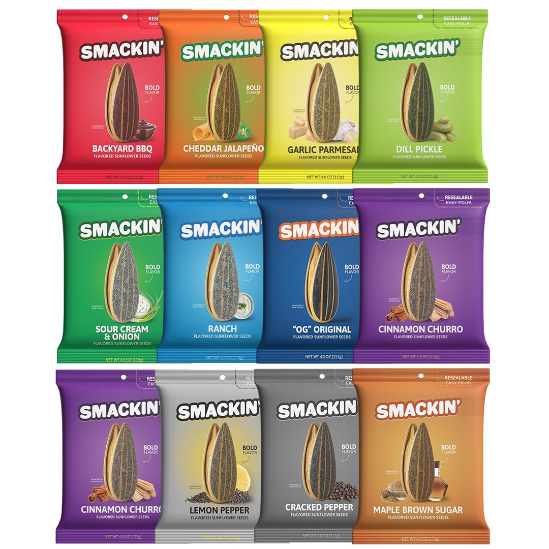SMACKIN' - Jumbo Roasted Sunflower Seeds, No Salty Burn, American Made, Easy Pour & Seal - Variety Pack, 4Oz Bag (12 Bags)