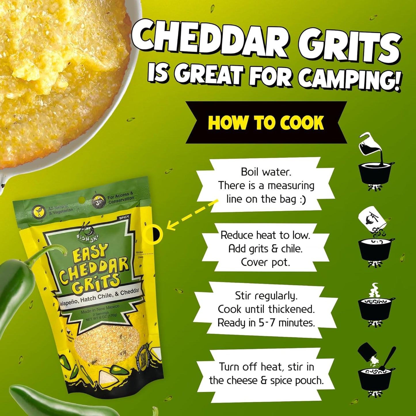 Jalapeno Yellow Corn Grits with Cheddar Cheese + Hatch Green Chile + Garlic, by Fishski Provisions, 6 Oz Bags, 2 Pack