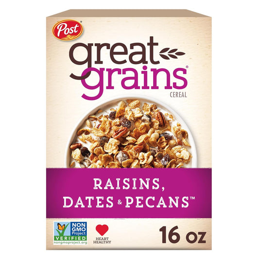 Great Grains Raisins Dates and Pecans Breakfast Cereal, Raisin Cereal with Sweet Dates and Granola Clusters, Non-Gmo Project Verified, 16 OZ Box