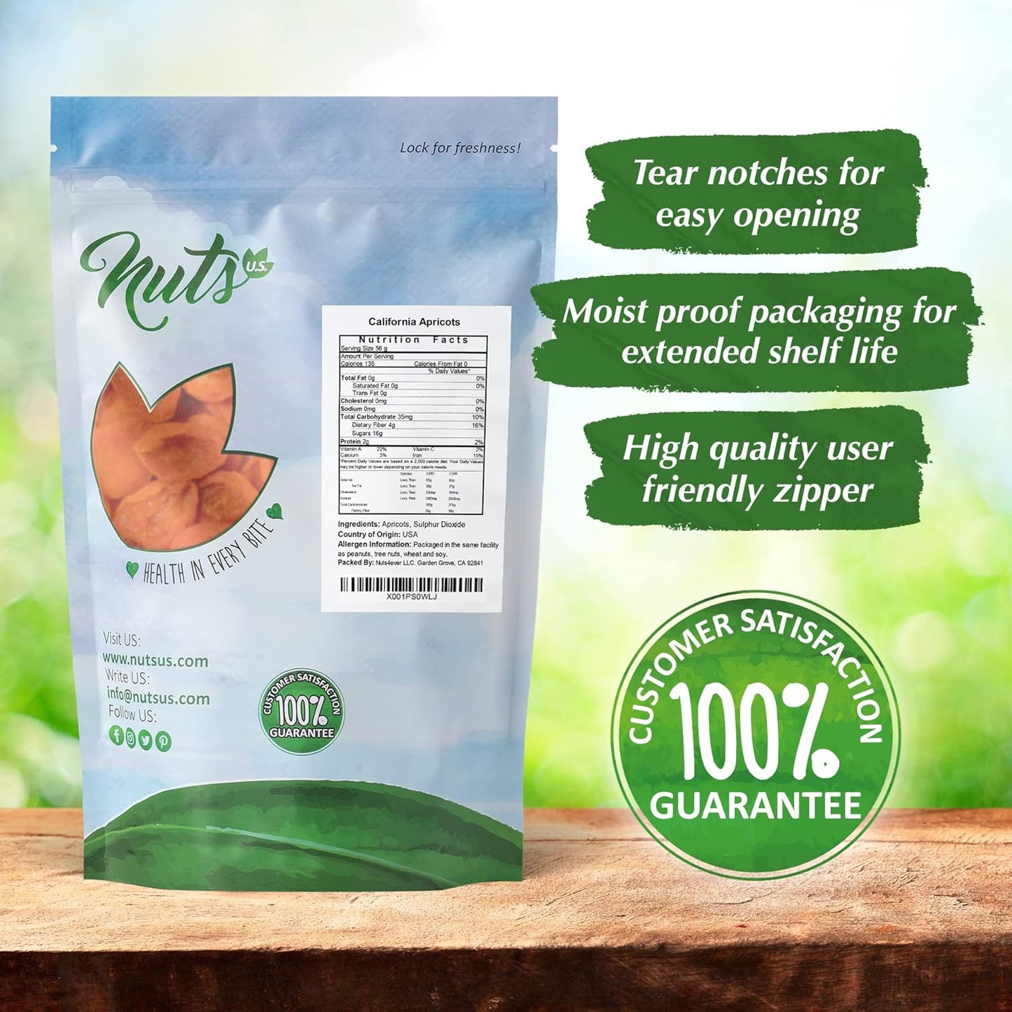 NUTS U.S. - California Sun Dried Fancy Apricots | Juicy and Tangy Flavor | No Sugar or Color Added | Gluten Free and NON-GMO | Apricots in Resealable Bags (2 LBS)