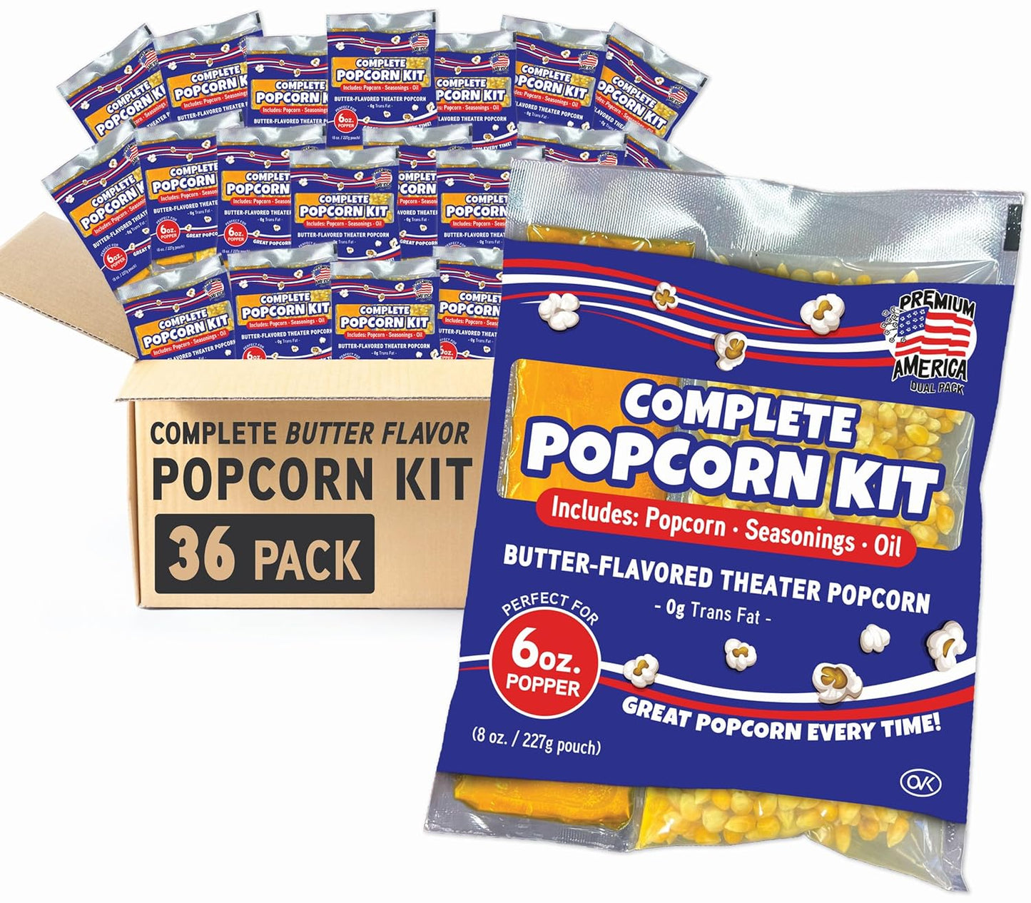 Premium America Popcorn Kit, 24 Packs for a 8 Oz Popper, Movie Theater Popcorn Kernels, Oil & Seasoning Pack, Bulk All in One, Popcorn Gifts