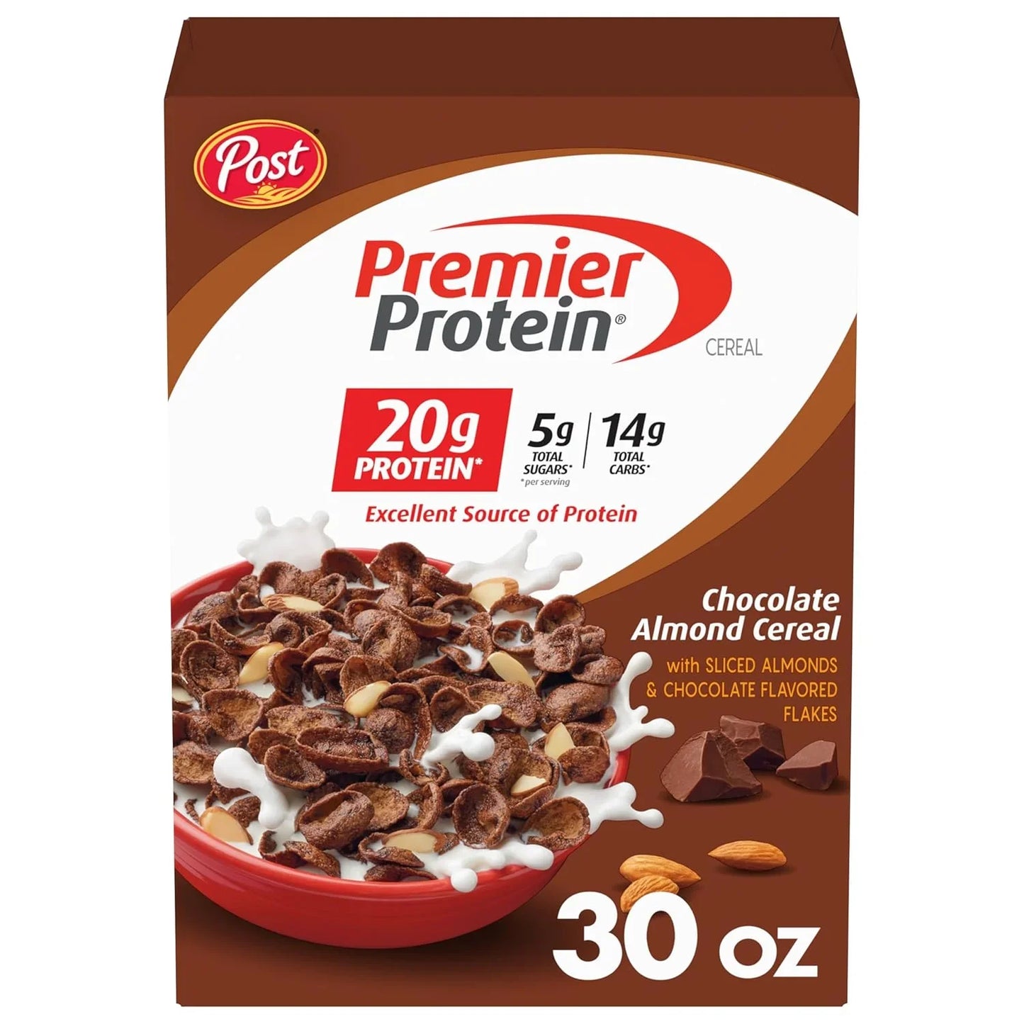 Post Premier Protein Chocolate Almond Cereal - Chocolatey Protein Flakes with Sliced Almonds, 20G of Protein per Serving, 9 OZ Box - Big Mart USA