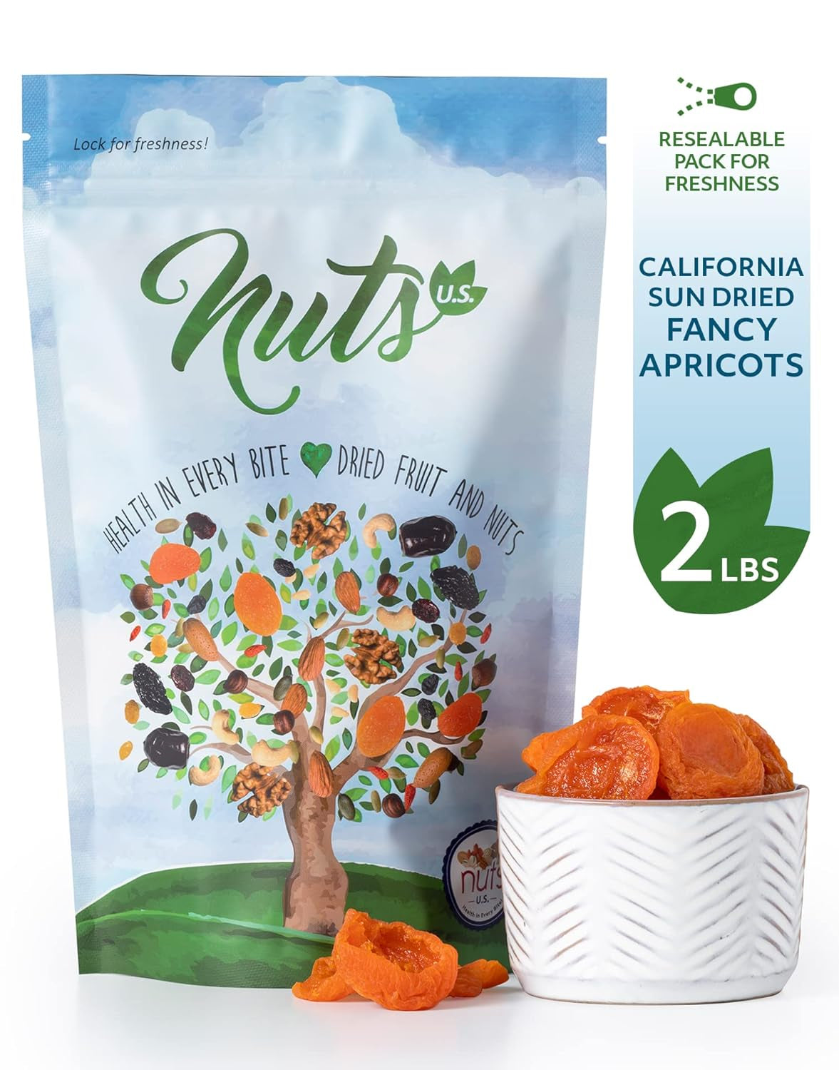 NUTS U.S. - California Sun Dried Fancy Apricots | Juicy and Tangy Flavor | No Sugar or Color Added | Gluten Free and NON-GMO | Apricots in Resealable Bags (2 LBS)